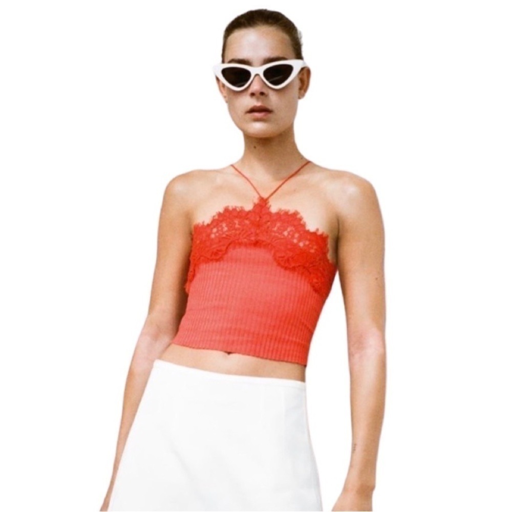 NWT Zara Intense Red Orange Coral Lace Ribbed Halter Crop Top Size Large